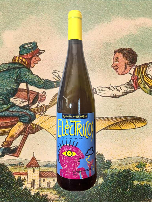 Bottle of Quinta do Ermizio ‘Electrico’ Vinho Verde 2023 in front of an old comic book sketch of two people on an airplane. It's all fresh and light.
