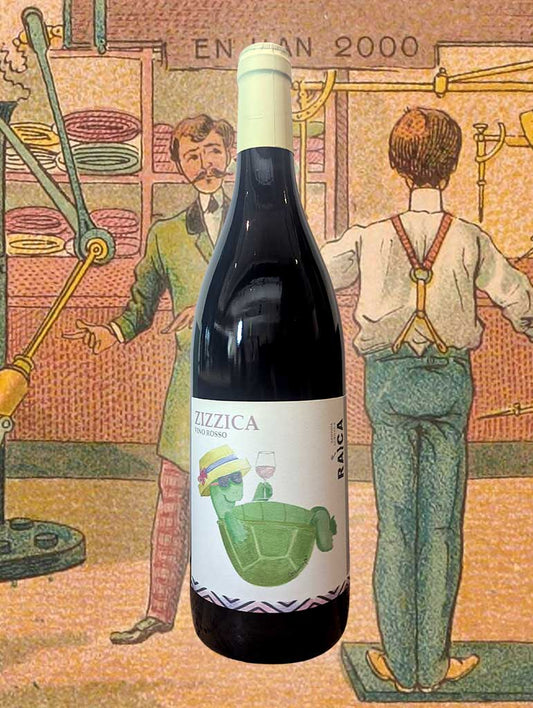 Bottle of Raica 'Zizzica' Rosso 2022—Sardinian natural red wine made from Cannonau. Rugged, bold, and wild, with minimal intervention and strong character.