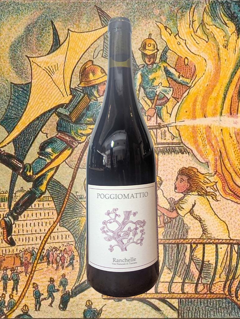 Bottle of Ranchelle 'Poggiomattio' Rosso 2021—organic red wine from Maremma, Tuscany made from Ciliegiolo. No additions, medium-bodied and savoury.