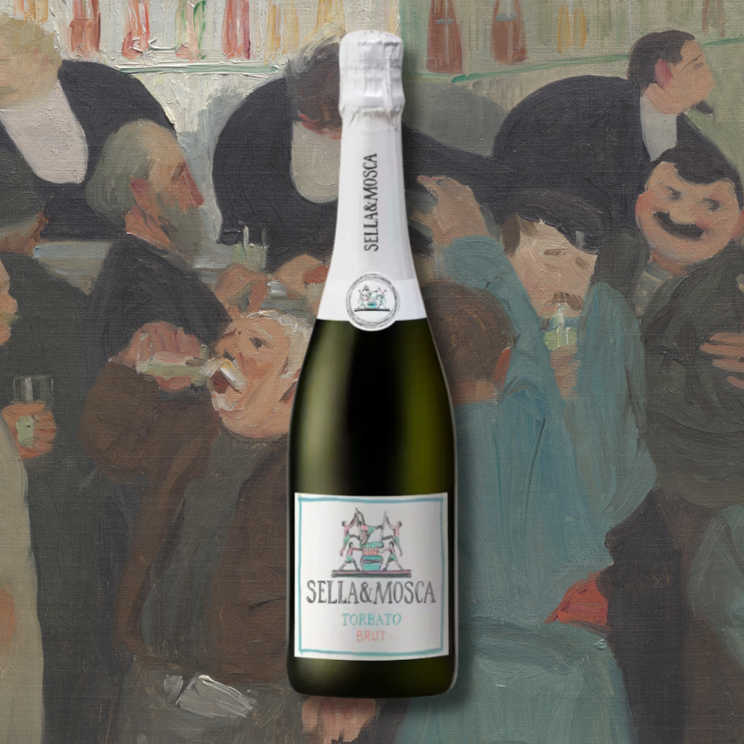 Sella & Mosca Brut Torbato bottle against a vintage painting of a lively Italian bar scene